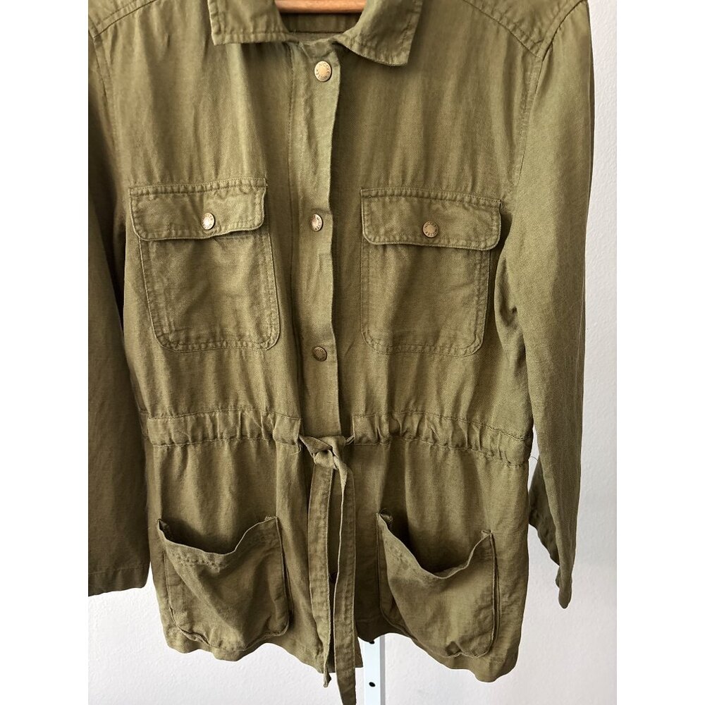 Nicole Miller Jacket M Linen Lyocell Utility Olive Green Cinched Waist Military - Picture 7 of 10